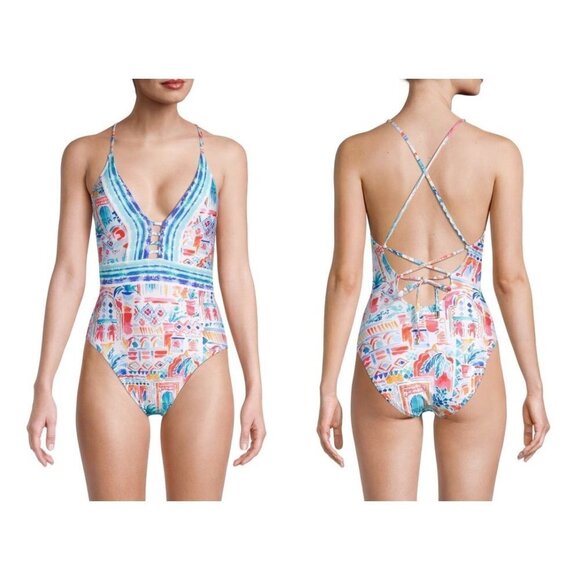 💕LA BLANCA💕 Terra Print Plunge Neck One-Piece Swimsuit ~ 10 Tera Italia NWT - Picture 2 of 14